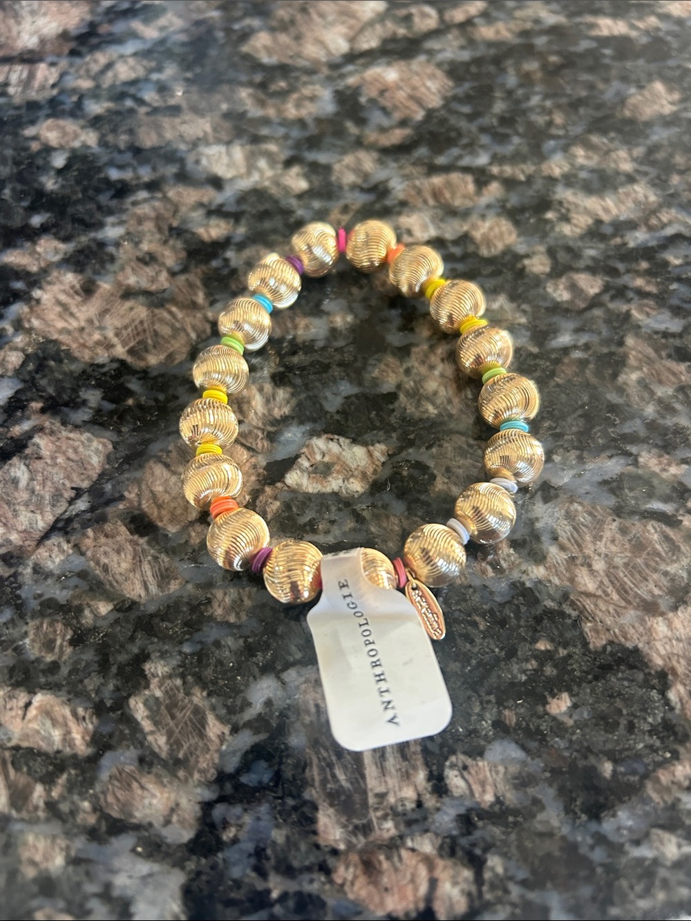 Gold Beaded Stretch Bracelet with Multicolor Accent Discs